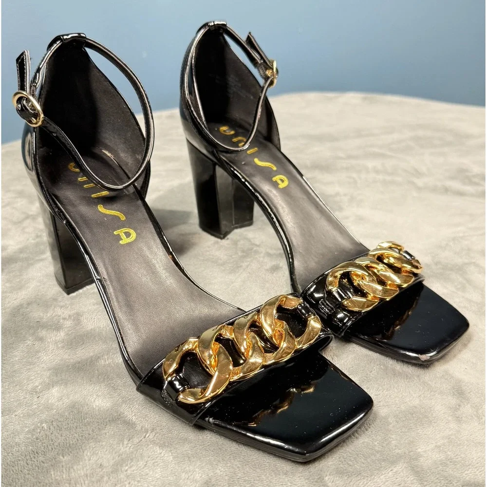 Unisa Undallie Sandals Womens 8.5 Black Patent Gold Chain Ankle Strap Heels